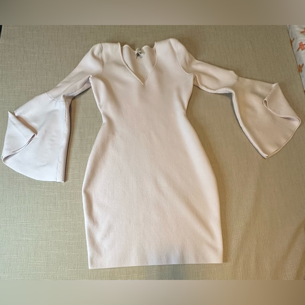 MILLY Dress Blush Pink Knit Sweater Bell Sleeve V Neck Small